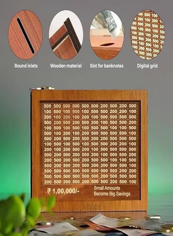 VOMI Wooden Money Saving Box with Numbers | Coin Collection Box, Gullak, Cash Box, Money Bank for Kids & Adults, Money Saver Box 1 Lakh | Small Amount Become Big Saving| - Image 2